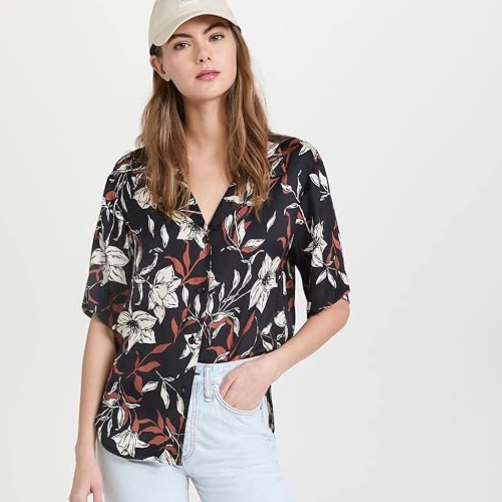 Rag & Bone Mare Hawaiian Button Down Short Sleeve Silk Blend Shirt Size Small